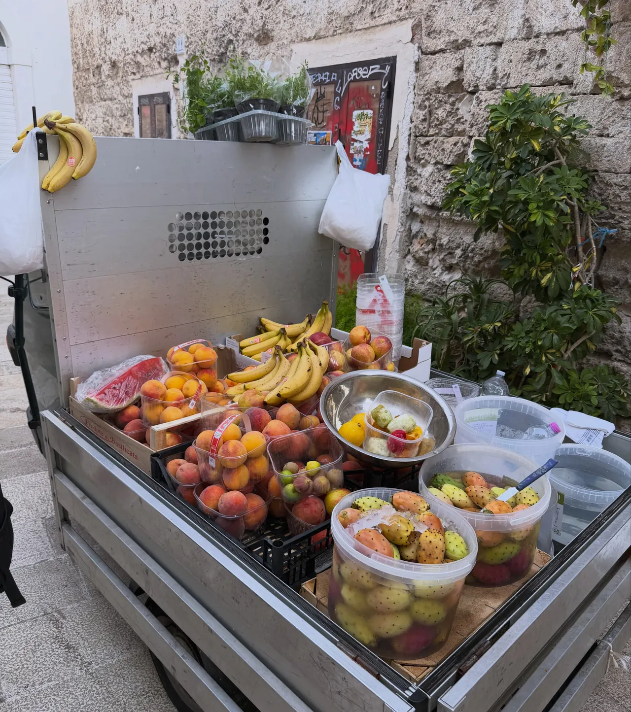 A fruit vendor cart piled with summer produce