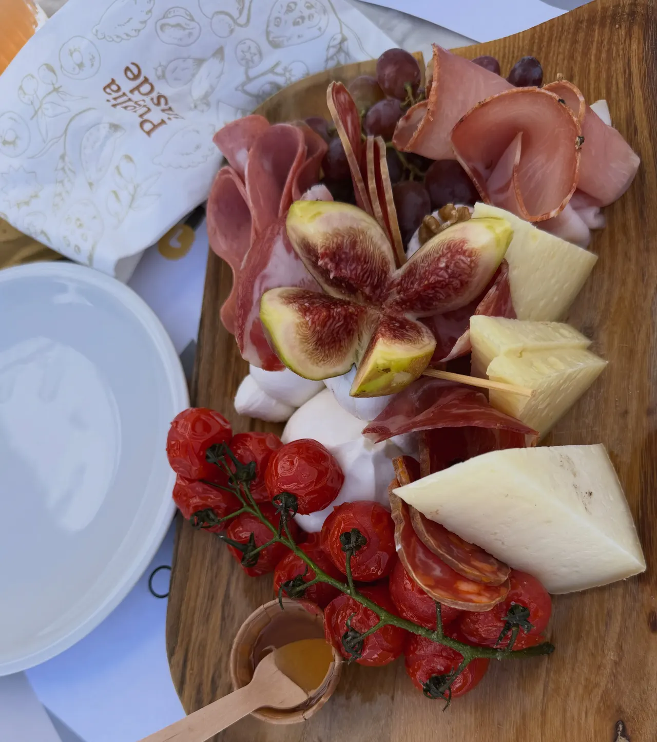 A charcuterie board seen from above